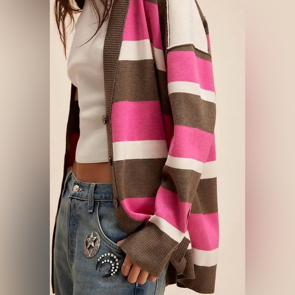Free People Pink and Brown Striped Cardigan - Picture 3 of 5